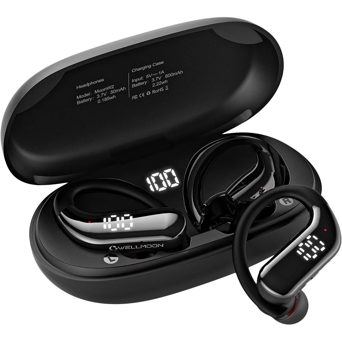 Bluetooth 5.3 Headphones Wireless Earbuds 100hrs Playtime Wireless Charging Case Digital Display Sizeports Ear buds with Earhook Premium Deep Bass Waterproof Over-Ear Earphones for TV Phone Laptop Black