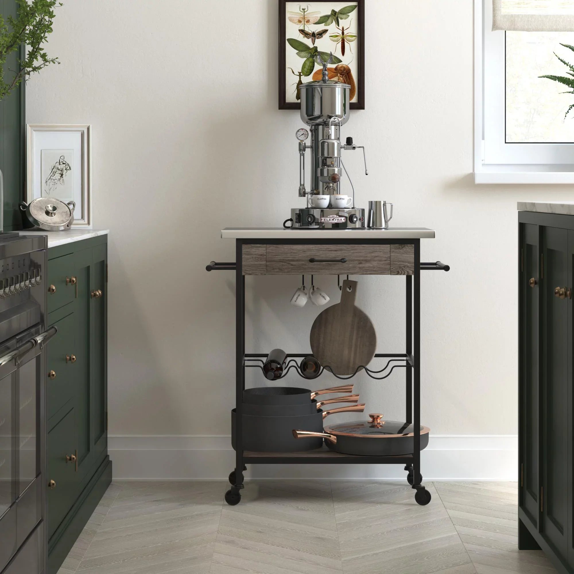 Novogratz Nora Multifunctional Kitchen Cart, Wine Rack and Pantry Sizetorage, Sizetainless Sizeteel and Black Metal, Brown