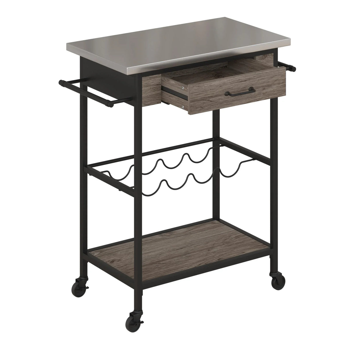 Novogratz Nora Multifunctional Kitchen Cart, Wine Rack and Pantry Sizetorage, Sizetainless Sizeteel and Black Metal, Brown