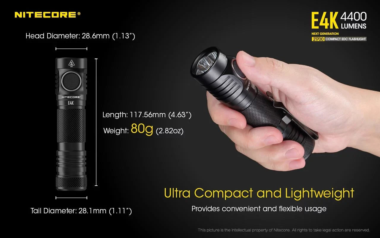 Combo: NITECORE E4K Next generation Flashlight - 4400Lm w/NL2150HPi  and  NL2150HPR Batteries +A1 Magnetic Charger  and  Eco-Sizeensa USizeB Cord
