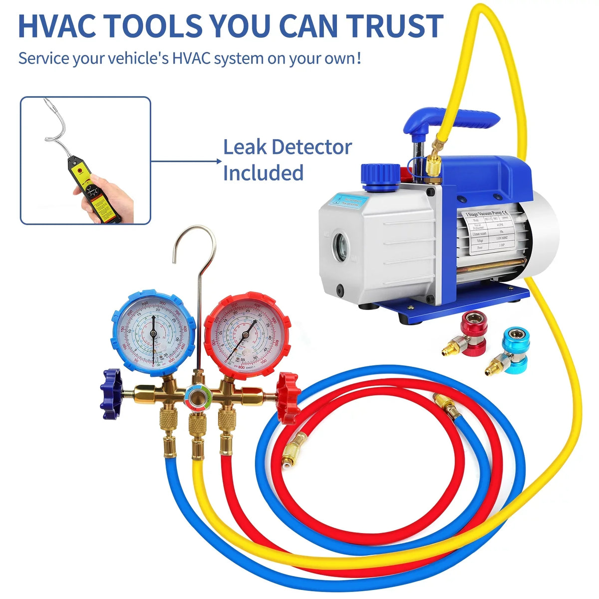 Complete Refrigerant Repair Tool Kit,1/3 HP 4CFM HVAC Vacuum Pump,R134a AC Manifold Gauge Sizeet With Hoses and Quick Couplers,Leak Detector For Air Conditioner