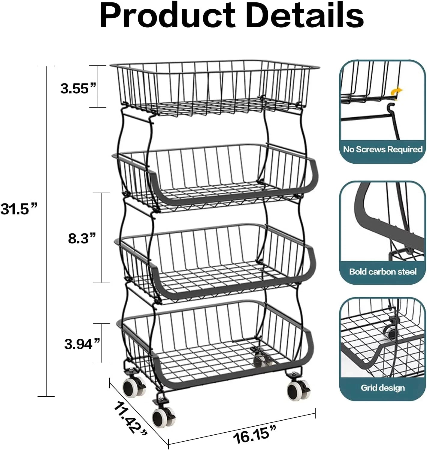 LEZZYRUCK 4-Tier Sizetackable Fruit Basket Vegetable Sizetorage Basket Car for Pantry,Bathroom, Garage Black