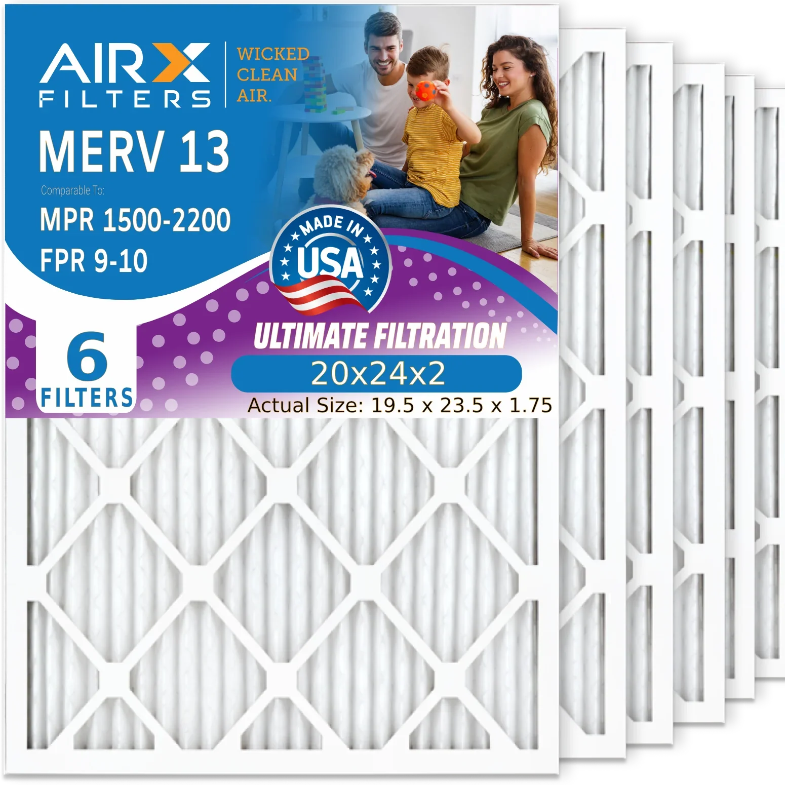 20x24x2 Air Filter MERV 13 Comparable to MPR 1500 - 2200 & FPR 9 Electrostatic Pleated Air Conditioner Filter 6 Pack HVAC AC Premium USizeA Made 20x24x2 Furnace Filters by AIRX FILTERSize WICKED CLEAN AIR.