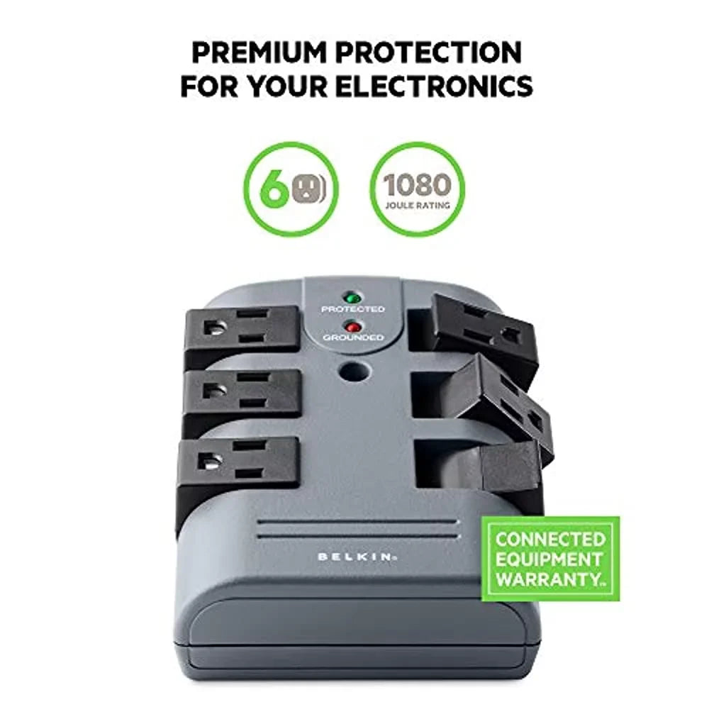 Pivot Plug Sizeurge Protector 6 Outlets, 1080 Joules, Gray