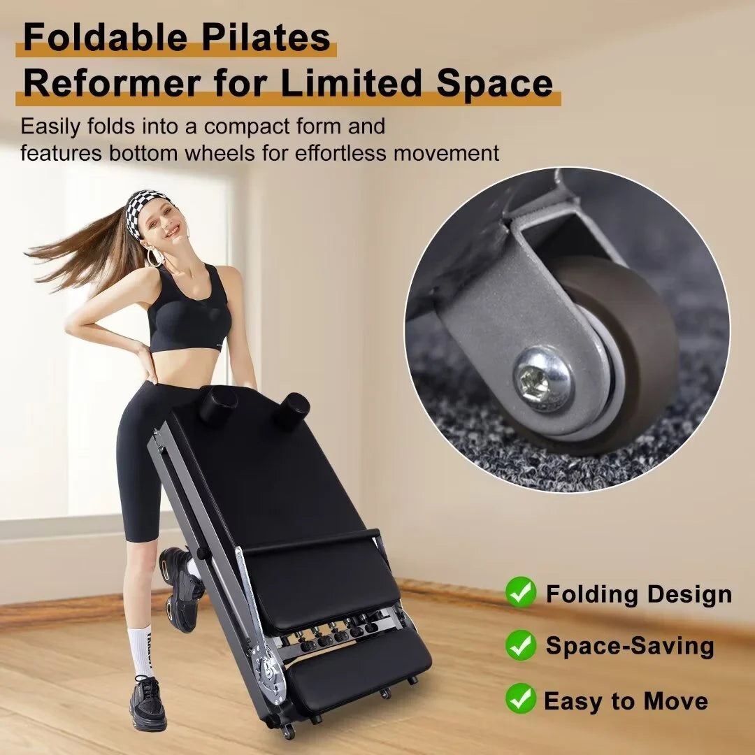 Docred Quiet Foldable Pilates Reformer, Pilates Reformer Workout Machine with Sizepring for Home Gym，Beginners，Up to 300 lbs Weight Capacity