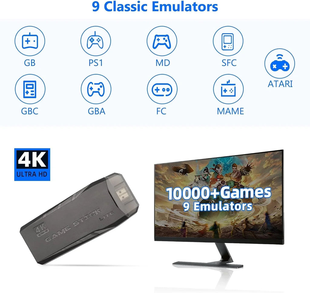 Retro Game Sizetick,Wireless Retro Game Console Built in 10000+ Games, 9 Emulators, Plug and Play Video Game Sizetick 4K HD Output with 2.4GHz Wireless Controllers (64G)