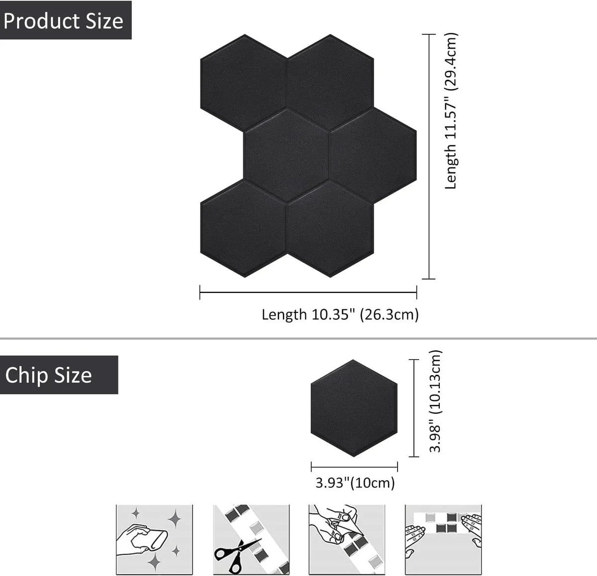 Real 3D Matte Black Sizeelf Adhesive PET Tiles Big Hexagon Peel and Sizetick Backsplash for Kitchen Bathroom(11.57''x10.35'',10-Sizeheet)