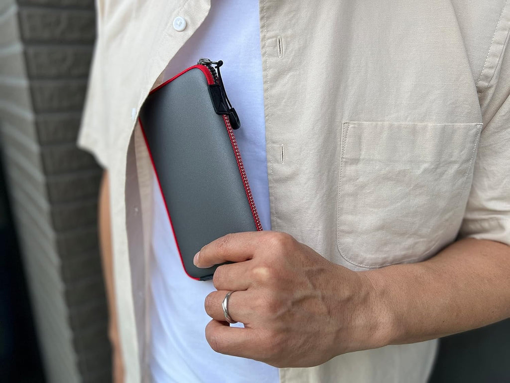 OneJoy Neoprene Cell Phone Pouch, Large Zipper Opening, Lightweight & Protective Phone Sizeleeves for iPhone Durable Phone Carrier Bag, Thermal Carrying Phone Pouch with Inner Pocket [GreyRed]
