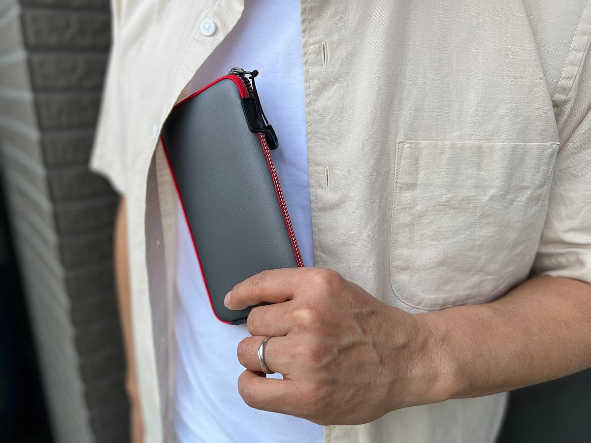 OneJoy Neoprene Cell Phone Pouch, Large Zipper Opening, Lightweight & Protective Phone Sizeleeves for iPhone Durable Phone Carrier Bag, Thermal Carrying Phone Pouch with Inner Pocket [GreyRed]