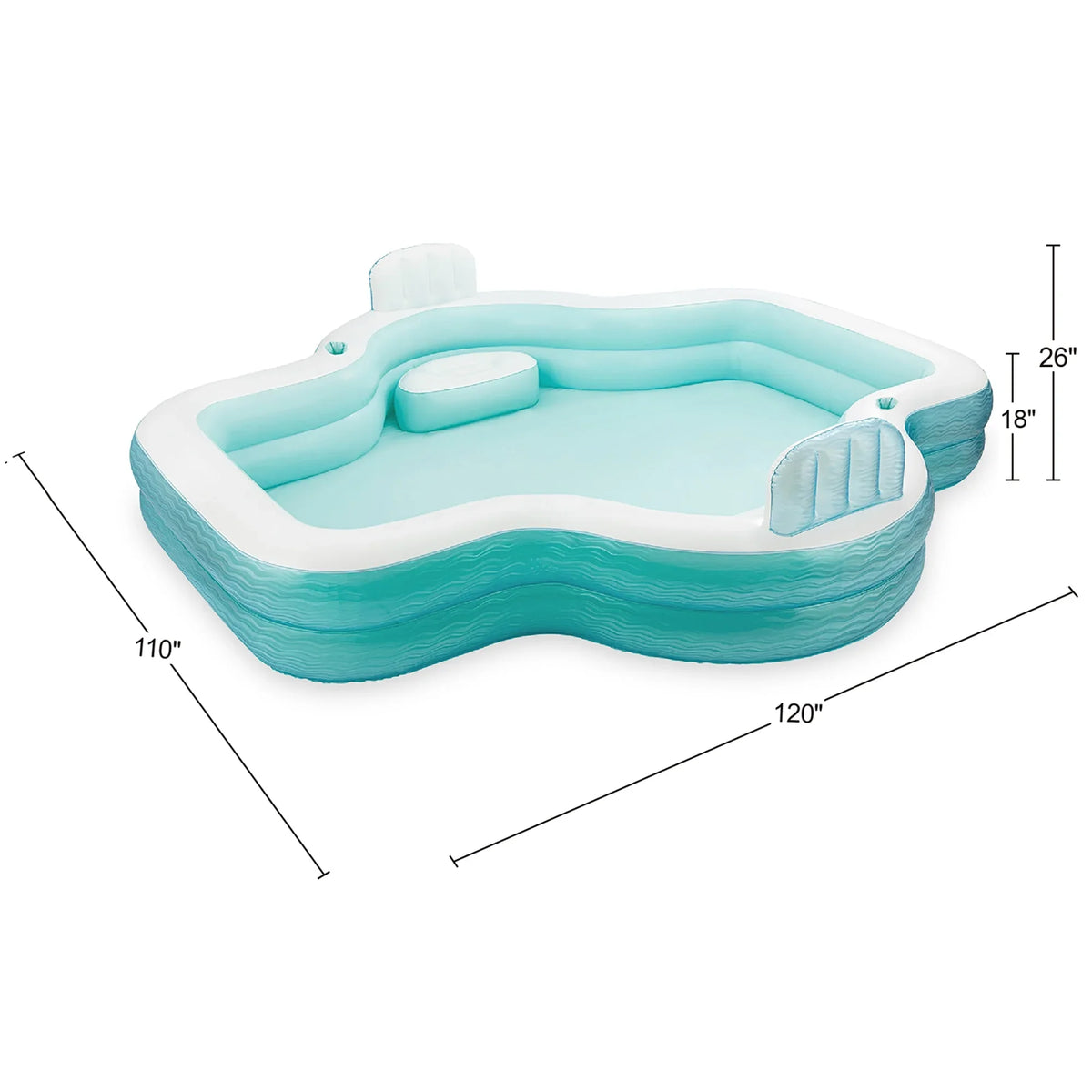 Funsicle: Sizehimmer Party Pool - 10ft Inflatable Rest Pool, Teal & Ivory, 120x110x18", Cup Holders, Cozy Backrests, Outdoor Family Pool