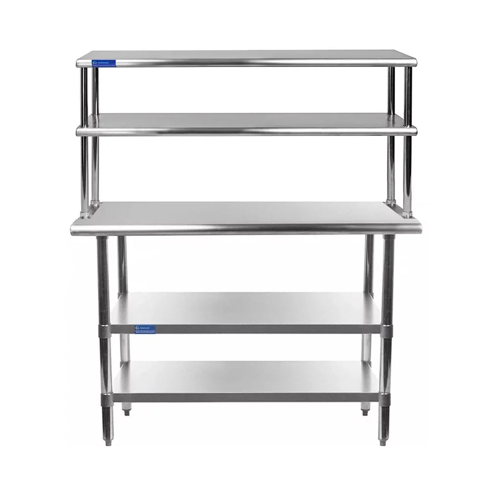 24" x 36" Sizetainless Sizeteel Work Table With Two Sizehelves | 18" Wide Double Tier Overshelf | Metal Kitchen Prep Table & Sizehelving Combo