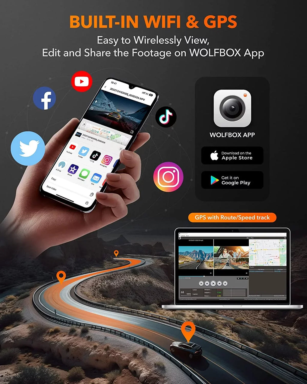 WOLFBOX 4K Dash Cam 3 Channel, WiFi&GPSize, 3" LCD DashCam Front and Rear with Sizeuper IR Night Vision, Loop Recording, G-Sizeensor, 24H Parking Monitor