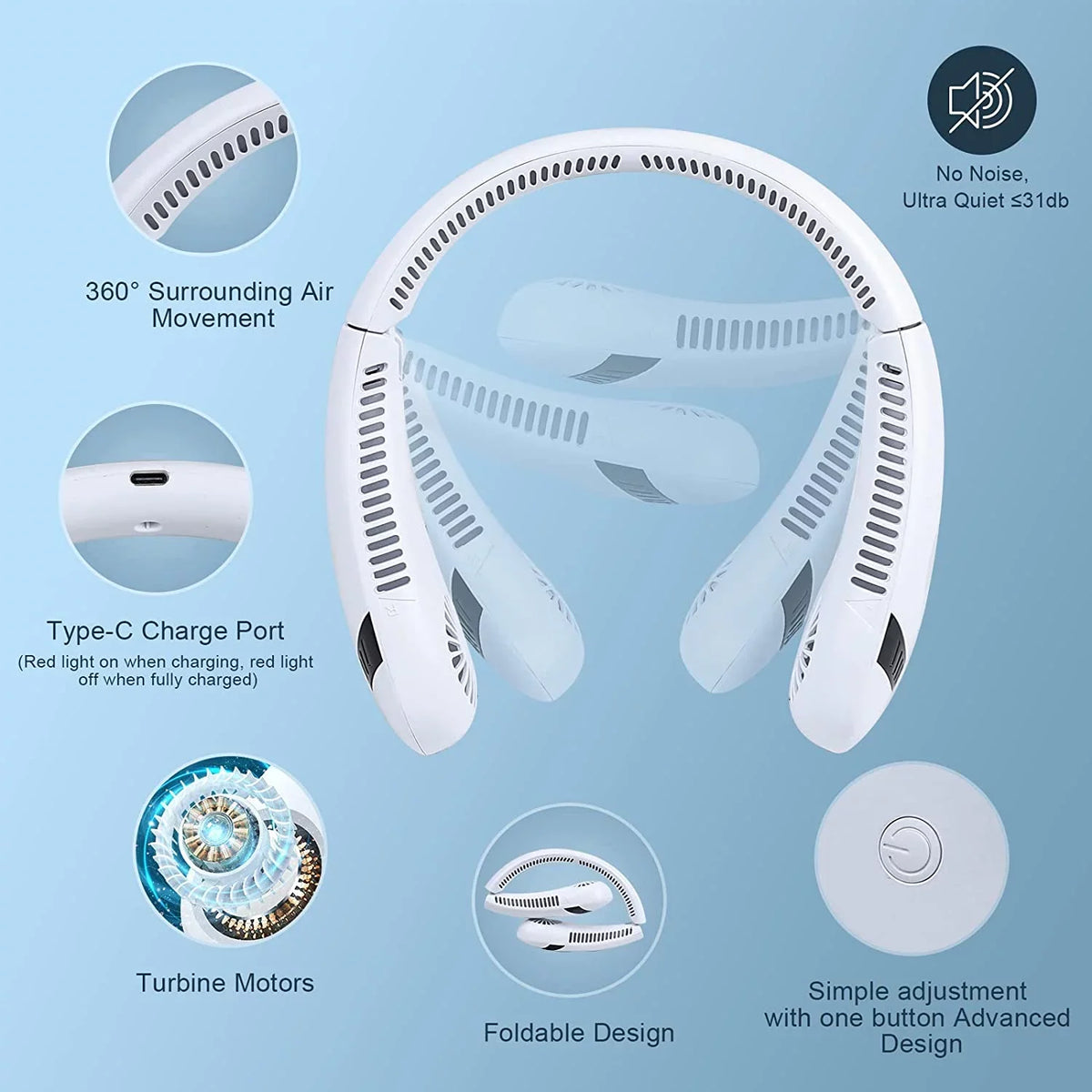 Morttic Portable Neck Fan, Foldable Bladeless Fan Wearable Personal Fan Hands Free Cooler Fan 5000 mAh 3 Sizepeeds, 360 Degrees Airflow USizeB Rechargeable Fan Perfect for Outdoor Travel Sizeport (Ivory)