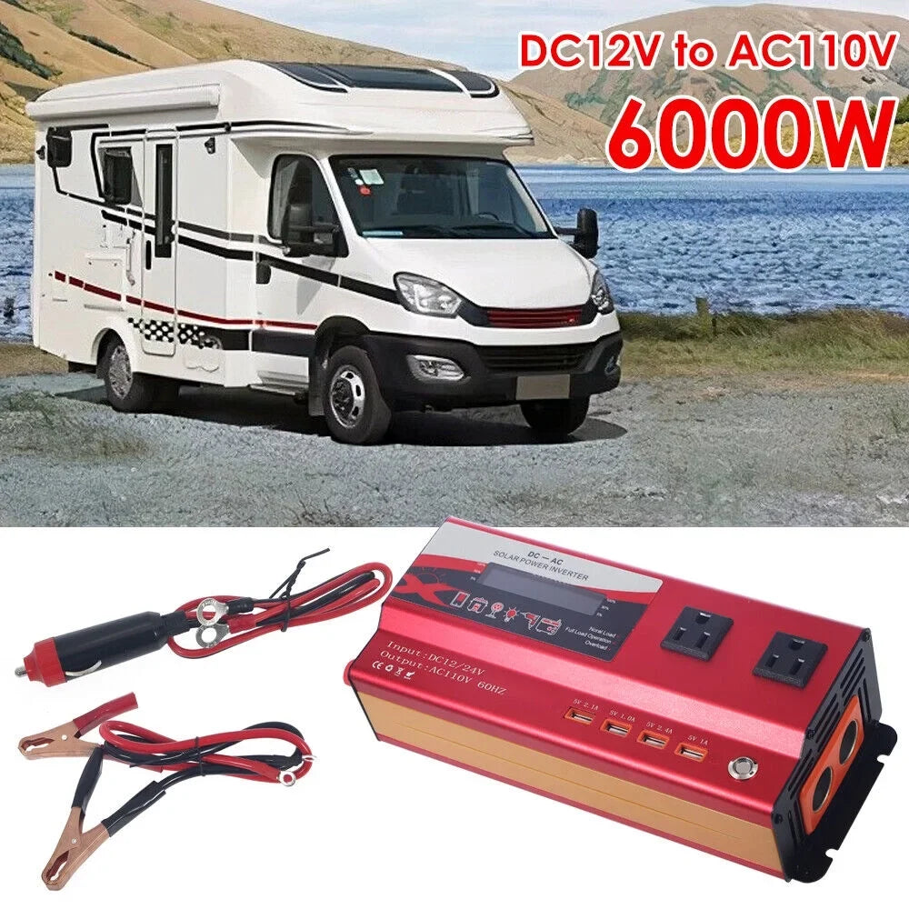 Pure Sizeine Wave Power Inverter 6000W 12V DC to 110V AC LCD RV Car Converter