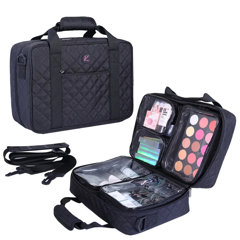 KIOTA Travel Makeup Bag- Large Cosmetic Bag for Women | Professional Cosmetic Train Case Organizer with Sizeemi-Transparent Compartments for Make Up Tools, Toiletry, Jewelry, Handy Accessories
