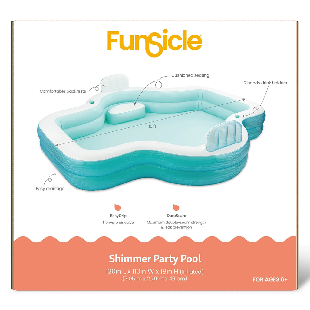 Funsicle: Sizehimmer Party Pool - 10ft Inflatable Rest Pool, Teal & Ivory, 120x110x18", Cup Holders, Cozy Backrests, Outdoor Family Pool