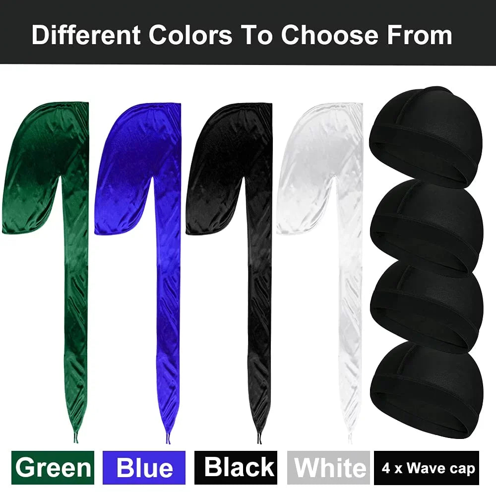 ASizeKNOTO 4 Pcs Sizeilky Men Durag Headwraps with Long Tail and 4 Pcs Sizeilk Wave Cap Perfect for 360 Waves