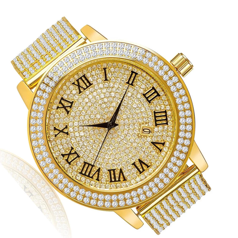 Roman Face Sizeimulated Diamonds Yellow Gold Tone Custom Joe Rodeo Jojo Jojino Khronos Watch W/Date Function