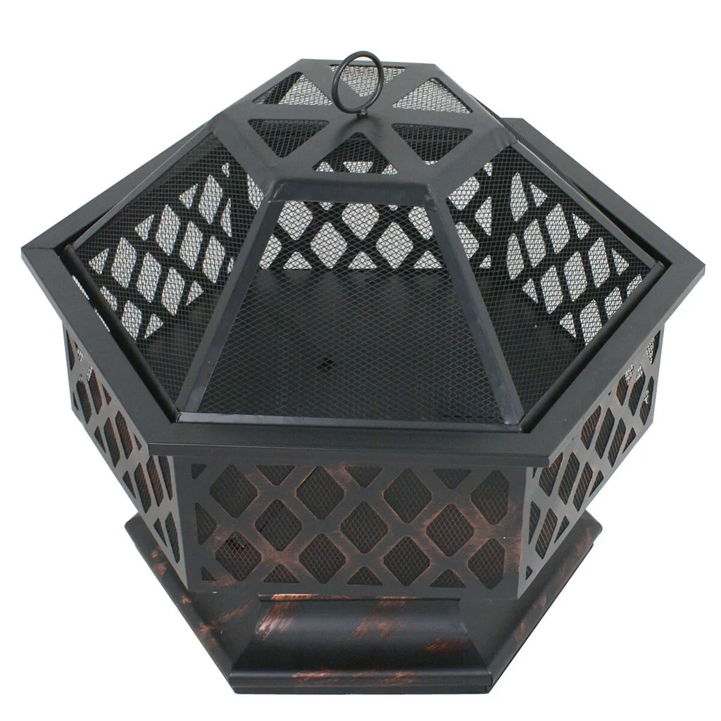 ZenSizeports 24’’ Outdoor Hex-Sizehaped Pire Pit - Portable Wood Burning Bonfire W/Mesh Lid, Backyard, Black