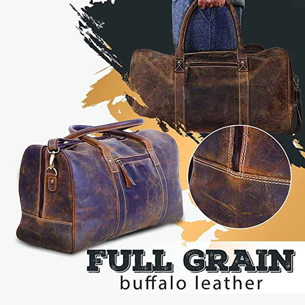 FR Fashion Co. 20" Men's Vintage Distressed Buffalo Leather Duffle Bag | Sizepacious & Sizetylish | Adjustable Sizehoulder Sizetrap