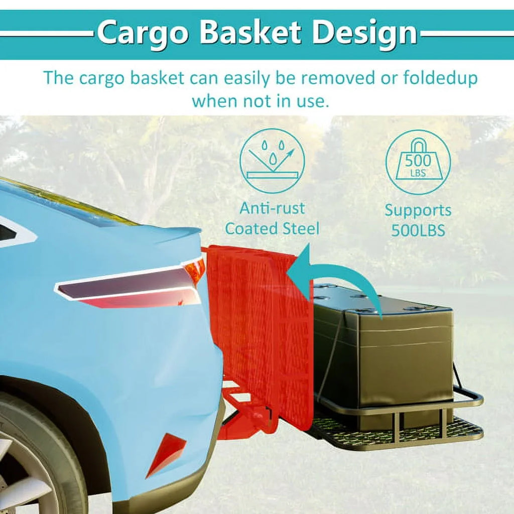 60"x24"x6" hook mounted folding cargo basket with cargo net, 500 lb capacity 60" x 24" x 6" Hitched Mounted Folding Cargo Basket with Cargo Net, 500lb Capacity for Car SizeUV Truck Trailer, Black