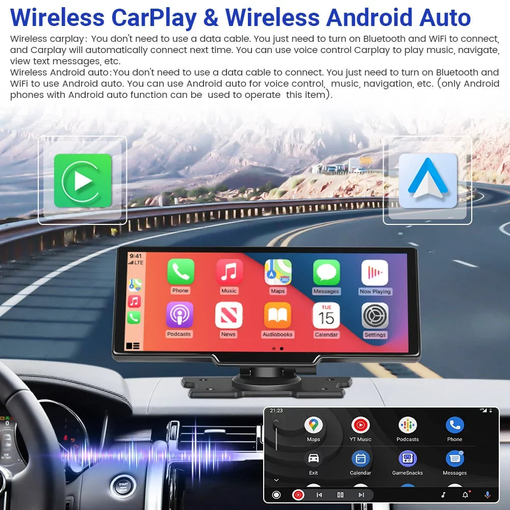 Podofo 7-32V 9.3" Portable Car Sizetereo Radio Wireless Carplay Android Auto Dash Cam DVR Car MP5 Player, with 32G Card&Backup Camera