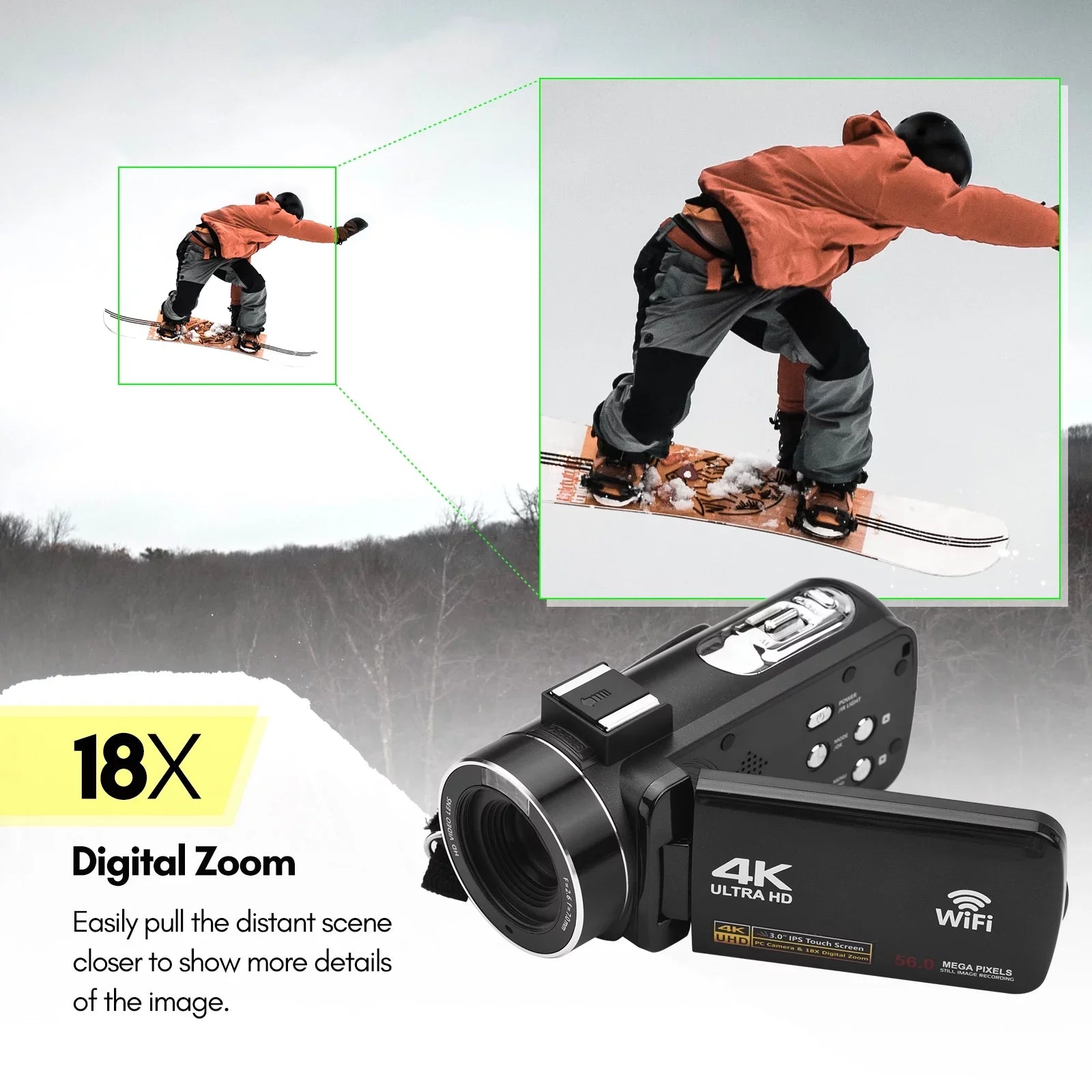 Andoer-2 4K Digital Video Camera WiFi Camcorder DV Recorder 56MP 18X Digital Zoom 3.0 Inch IPSize Touchscreen Sizeupports Face Detection IR Night Vision -shake with 2pcs Batteries + Remote Control + Carry