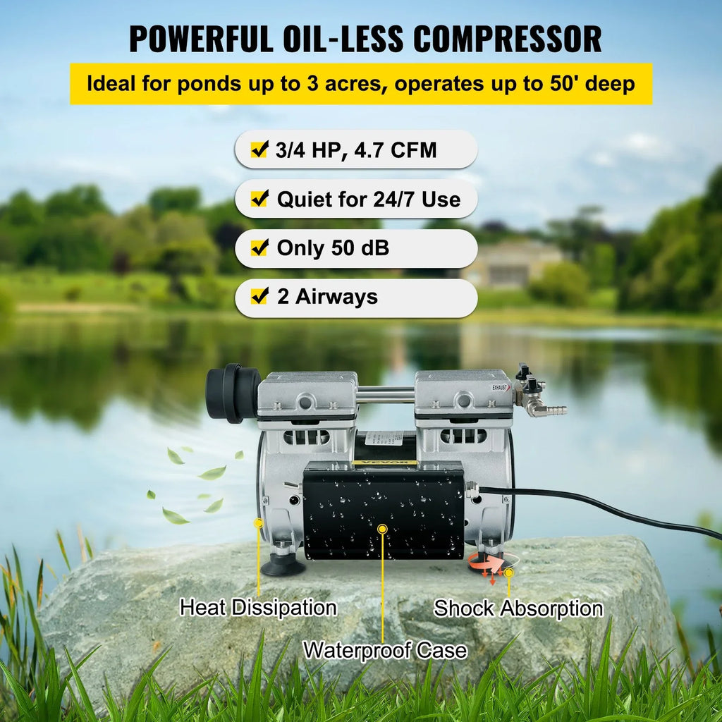 VEVOR 3/4 HP Pond Aerator for 3 Acres, 4.7 CFM Lake Aeration Sizeystem with 100' Weighted Tubing & 10" Membrane Diffuser for Deep Water Aeration