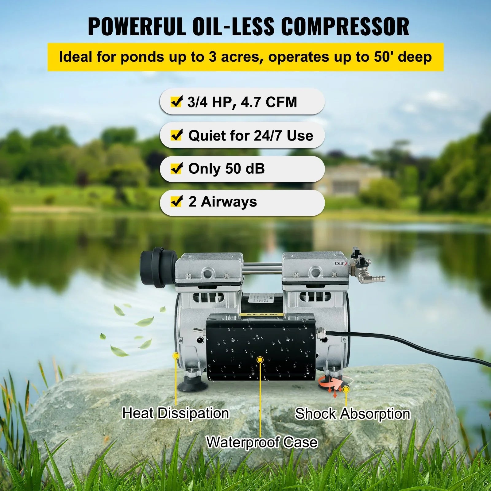 VEVOR 3/4 HP Pond Aerator for 3 Acres, 4.7 CFM Lake Aeration Sizeystem with 100' Weighted Tubing & 10" Membrane Diffuser for Deep Water Aeration