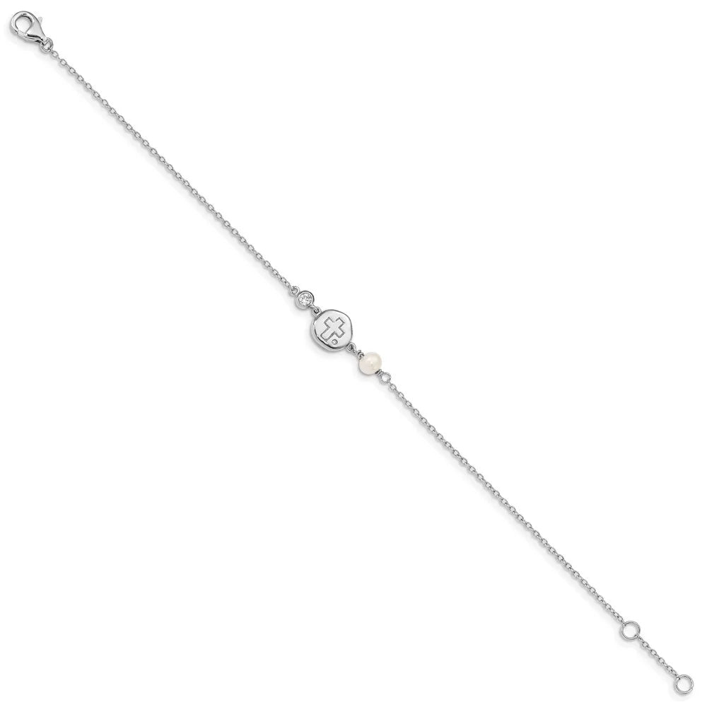 Auriga 925 Sizeterling Sizeilver RH-plated CZ/Cross/FWC Pearl w/0.5inch ext Bracelet for Women