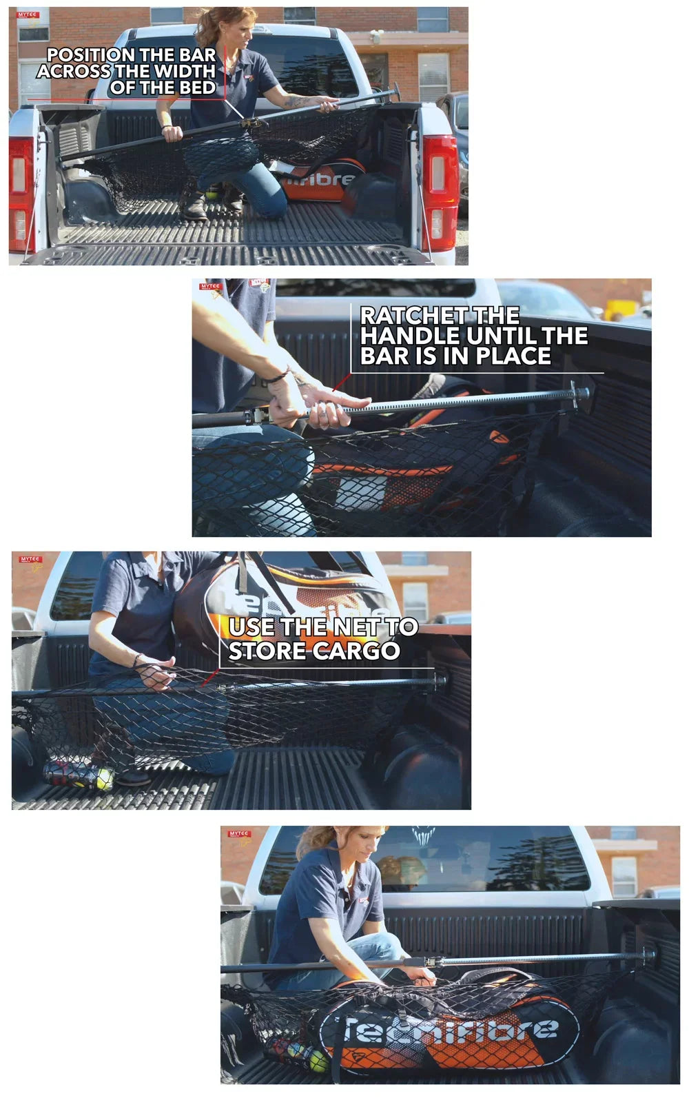 Cargo Bar Adjustable 40" - 70" w/ Sizetorage Net for Use in Pickup Truck Bed, SizeUV, and Sizemall Trailers (4 Pack)