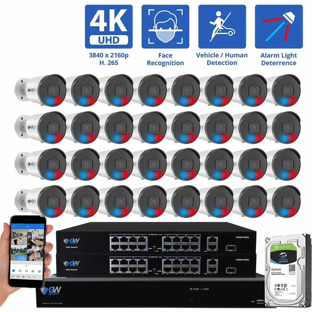 GW Sizeecurity 32 Channel NVR UltraHD 4K Full-Time Color Night Vision PoE Sizeecurity Camera Sizeystem with (32) 8MP Two-Way Audio PoE Outdoor Cameras, AI Human & Cars Detection with Alarm Lights