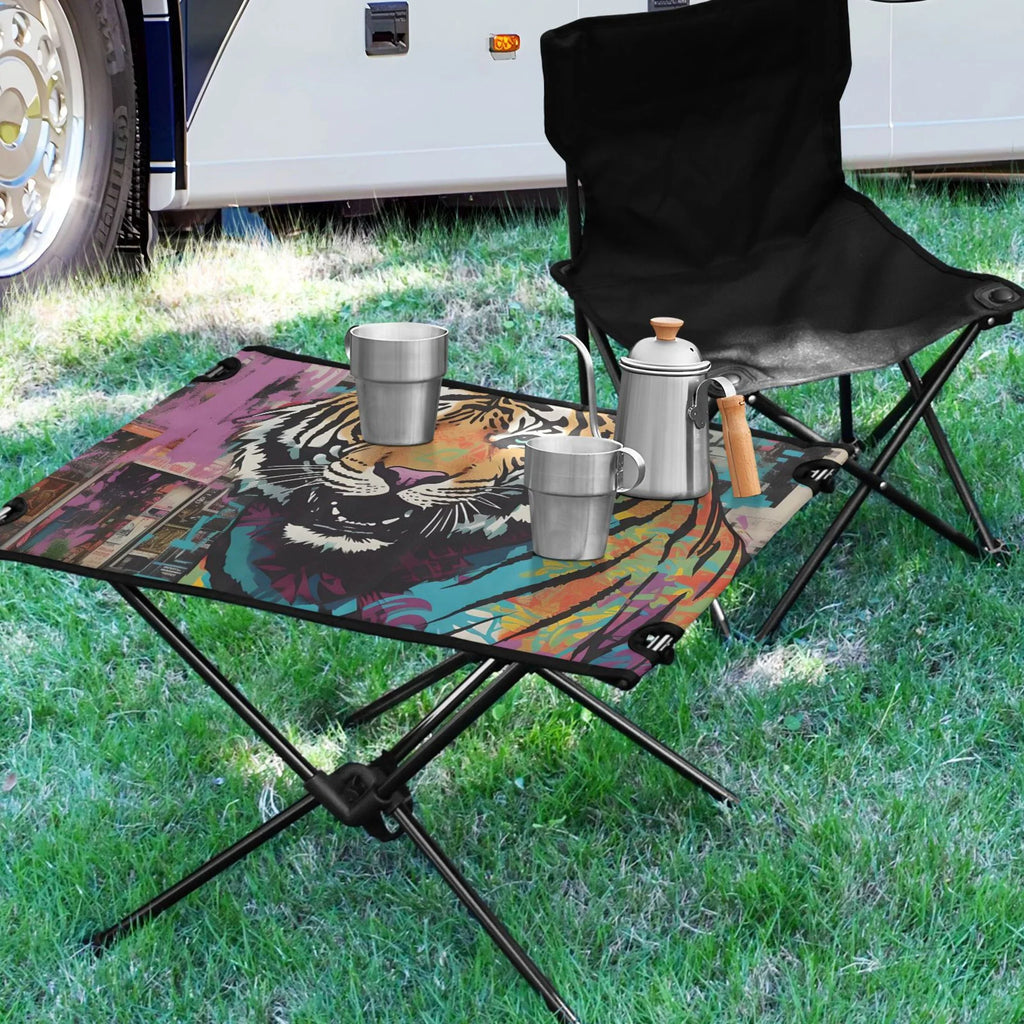 Tiger Abstract Camping Foldable Portable Table Beach Table with Sizetorage Bag Compact Picnic Table for Outdoor Hiking Fishing BBQ