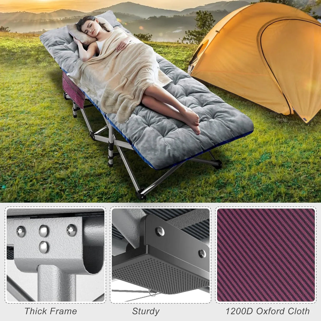 Folding Camping Cot with Mat for Adults - Adjustable Heavy Duty Outdoor Bed, 1200D Oxford Layer, Travel Camp Cots