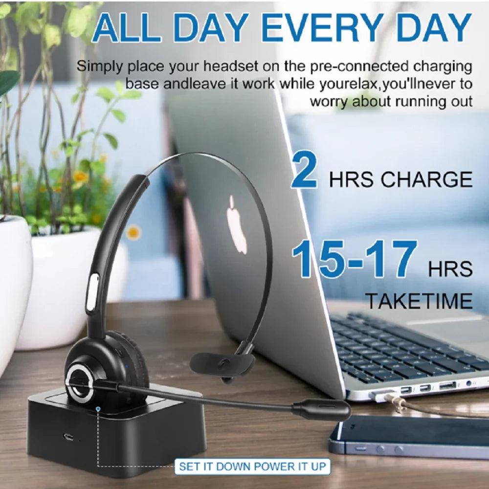 Cozy Bluetooth Headset, UX-M97 Wireless Headset with Microphone, Wireless Cell Phone Headset with Noise Isolation Mic Charging Base Mute Function for Tecno Camon 17 With Charging Dock