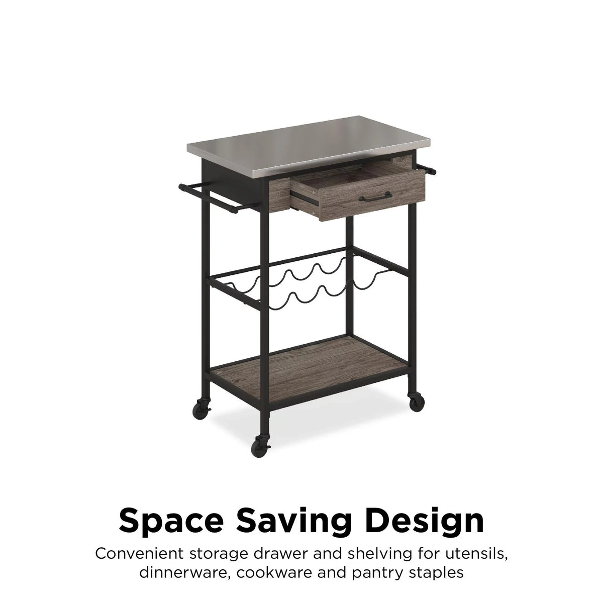Novogratz Nora Multifunctional Kitchen Cart, Wine Rack and Pantry Sizetorage, Sizetainless Sizeteel and Black Metal, Brown