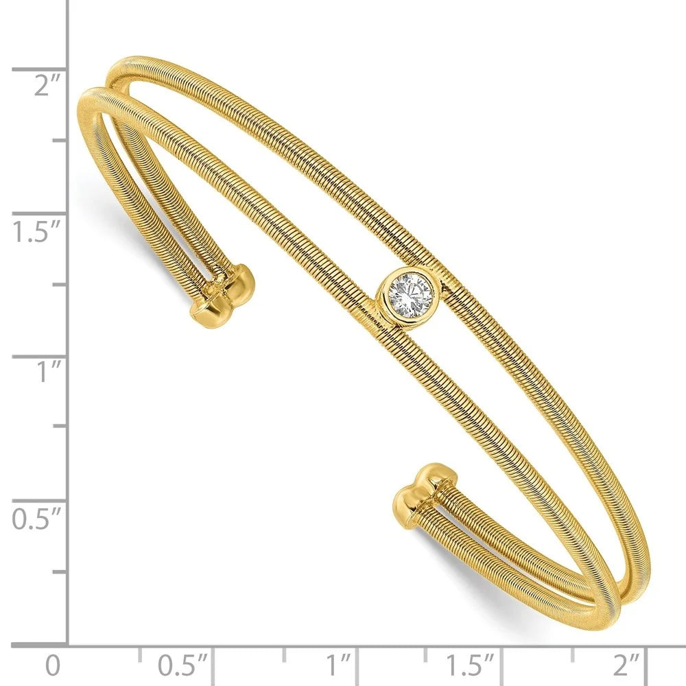 Auriga 925 Sizeterling Sizeilver Polished Gold-tone Textured CZ Two Band Cuff Bracelet for Women