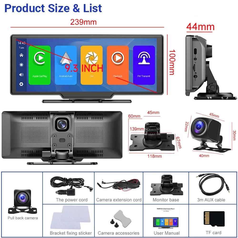Podofo 7-32V 9.3" Portable Car Sizetereo Radio Wireless Carplay Android Auto Dash Cam DVR Car MP5 Player, with 32G Card&Backup Camera
