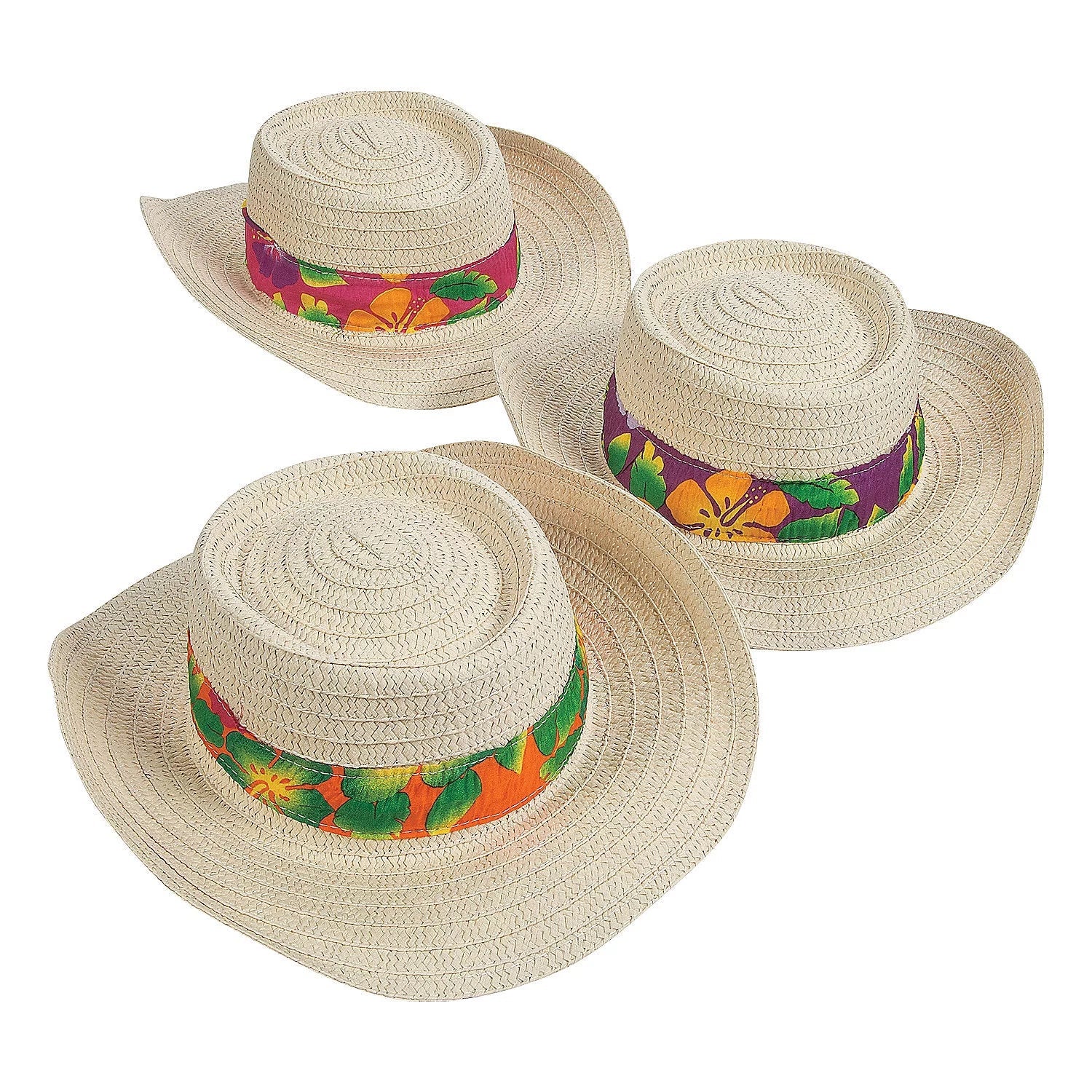 Beach Hat W/Hibiscus Print Band - Party Wear - 12 Pieces