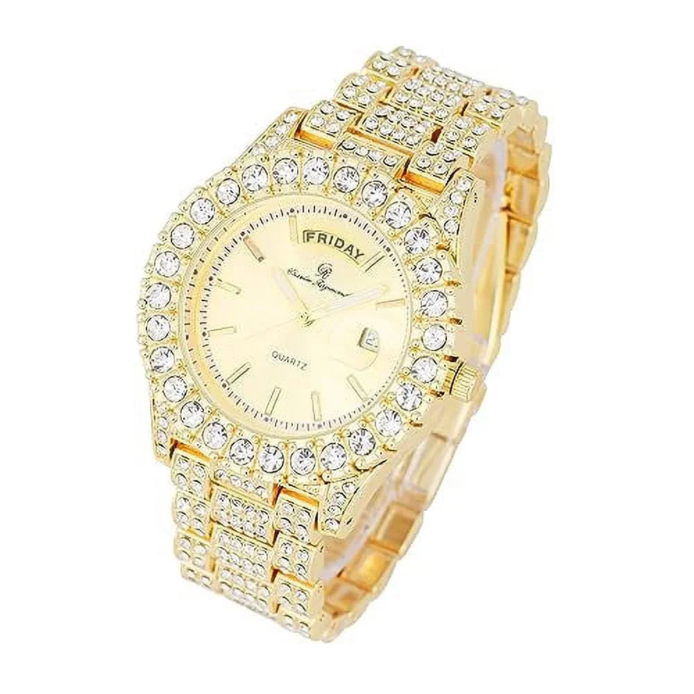 Charles Raymond Big Rocks Fully Iced Out Diamond Mens Watch w/Easy Read Date &Day and Colorful Dials- Designer Hip Hop Blinged Out Timepiece - SizeT10535 (SizeT10535-LN Gold)