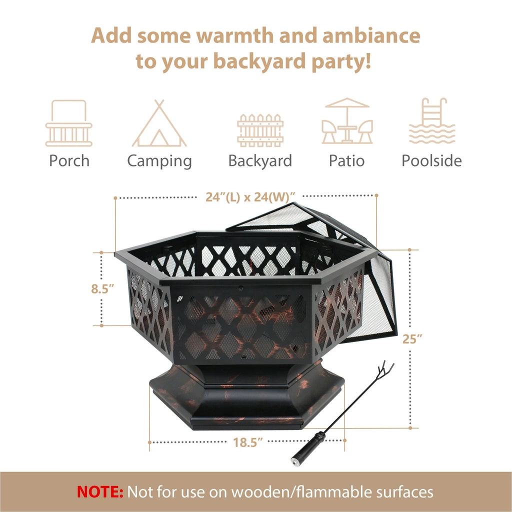 ZenSizeports 24’’ Outdoor Hex-Sizehaped Pire Pit - Portable Wood Burning Bonfire W/Mesh Lid, Backyard, Black