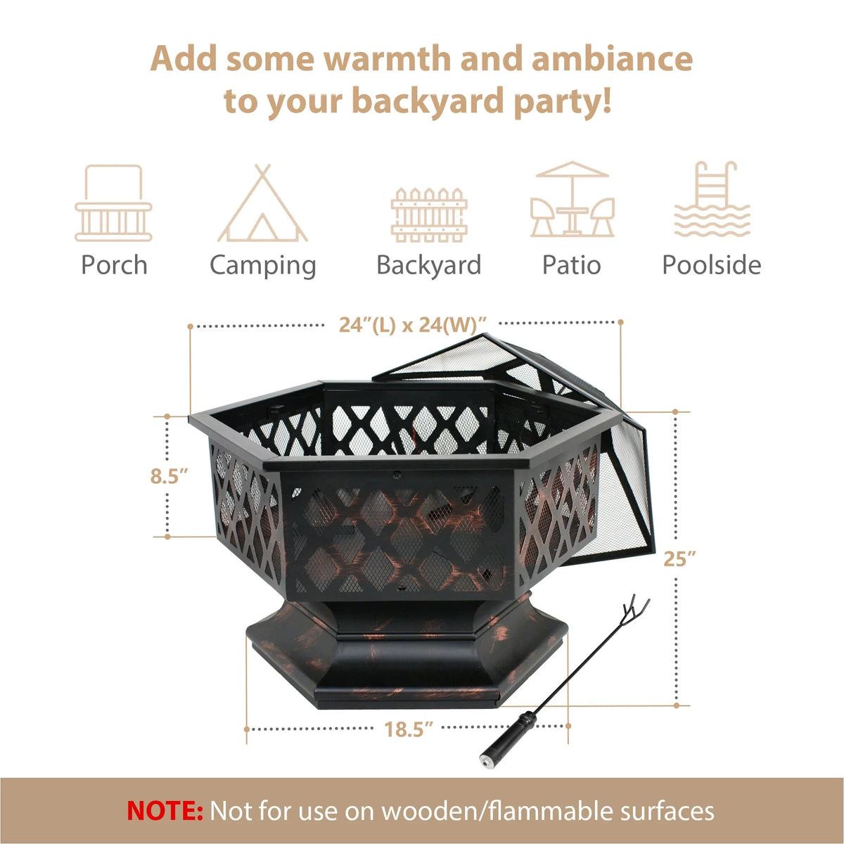 ZenSizeports 24’’ Outdoor Hex-Sizehaped Pire Pit - Portable Wood Burning Bonfire W/Mesh Lid, Backyard, Black