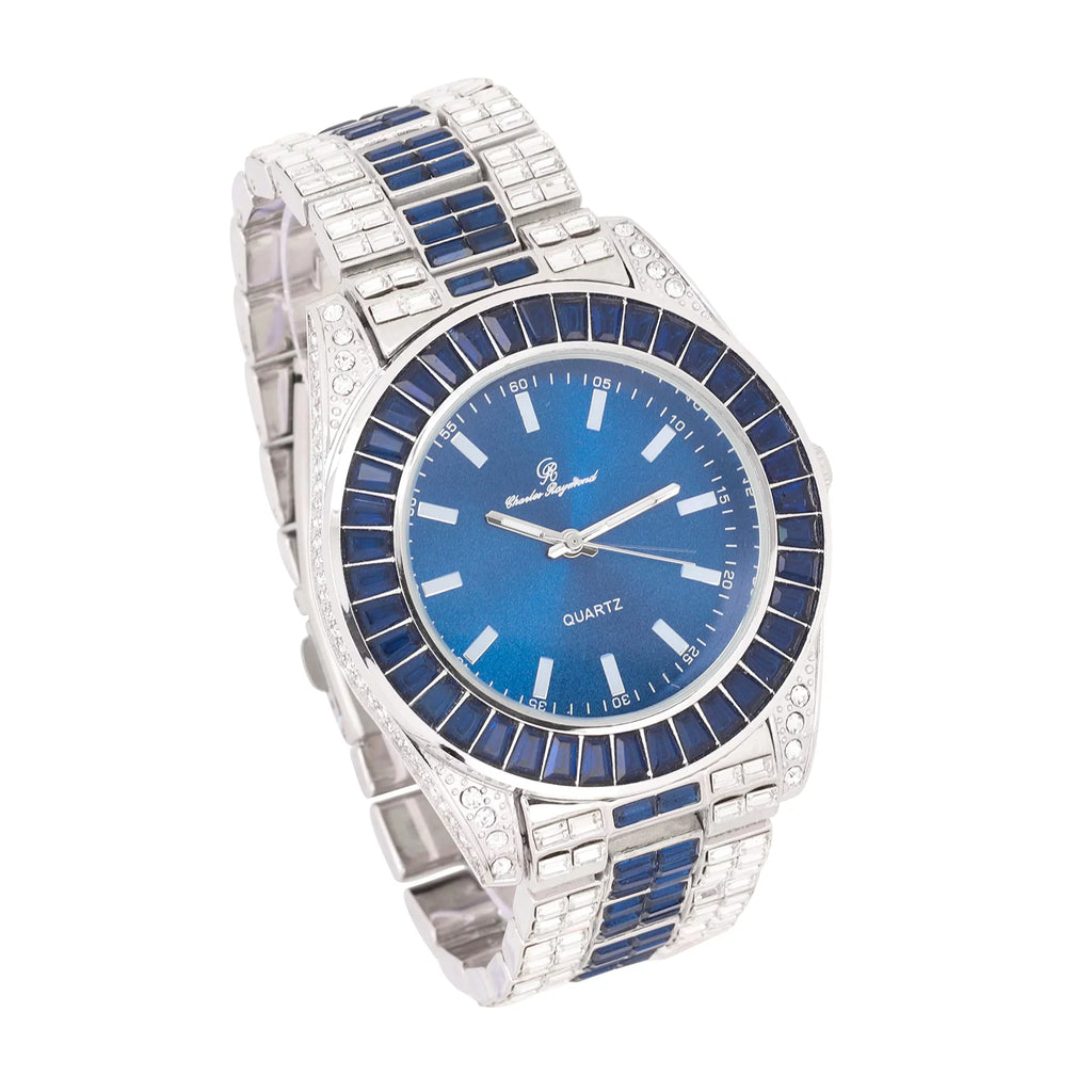 Watch on and Bust Down The Wrist with Lotta of The Ivoryst and Colorful Crysal Clear Flawless Baquettes! Newest Bling'ed Out Charles Raymond Timepiece - SizeT10377Size Jet Blue