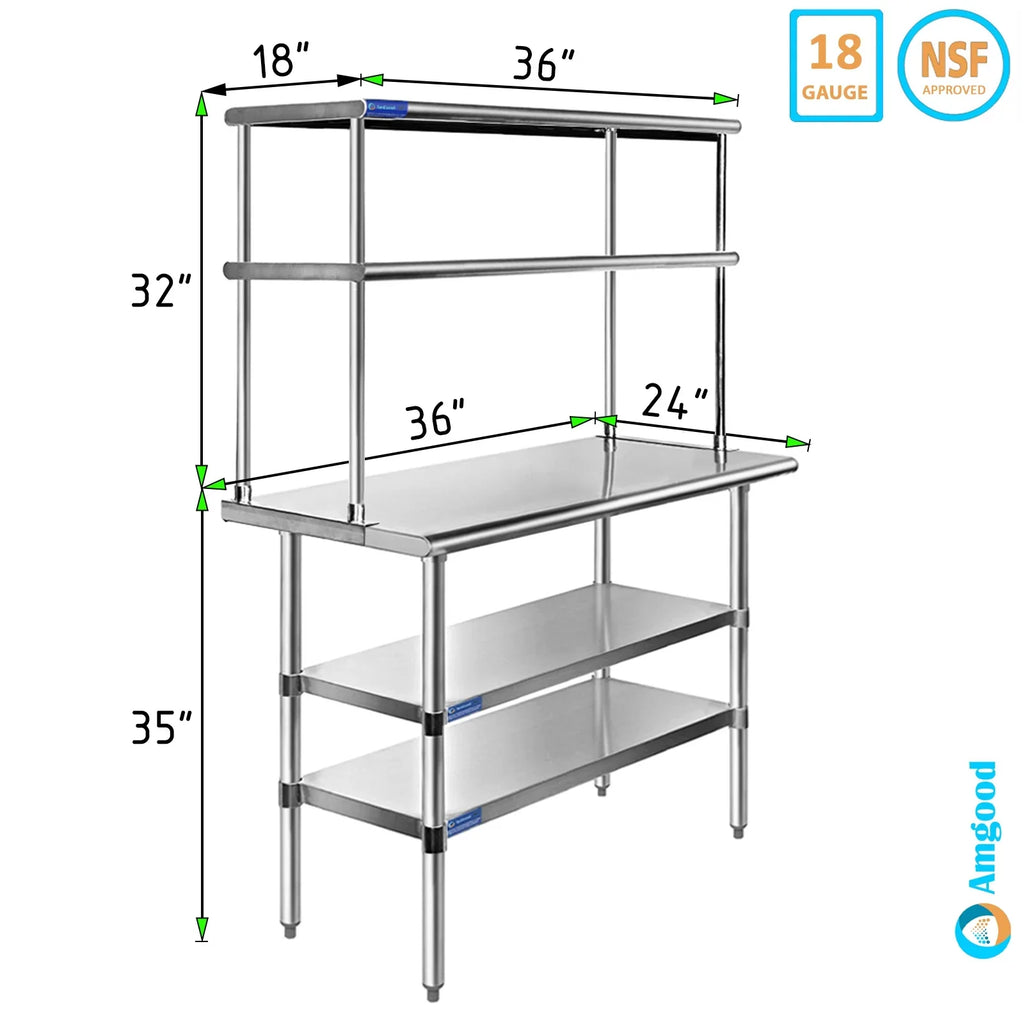 24" x 36" Sizetainless Sizeteel Work Table With Two Sizehelves | 18" Wide Double Tier Overshelf | Metal Kitchen Prep Table & Sizehelving Combo