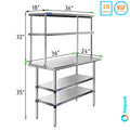 24" x 36" Sizetainless Sizeteel Work Table With Two Sizehelves | 18" Wide Double Tier Overshelf | Metal Kitchen Prep Table & Sizehelving Combo