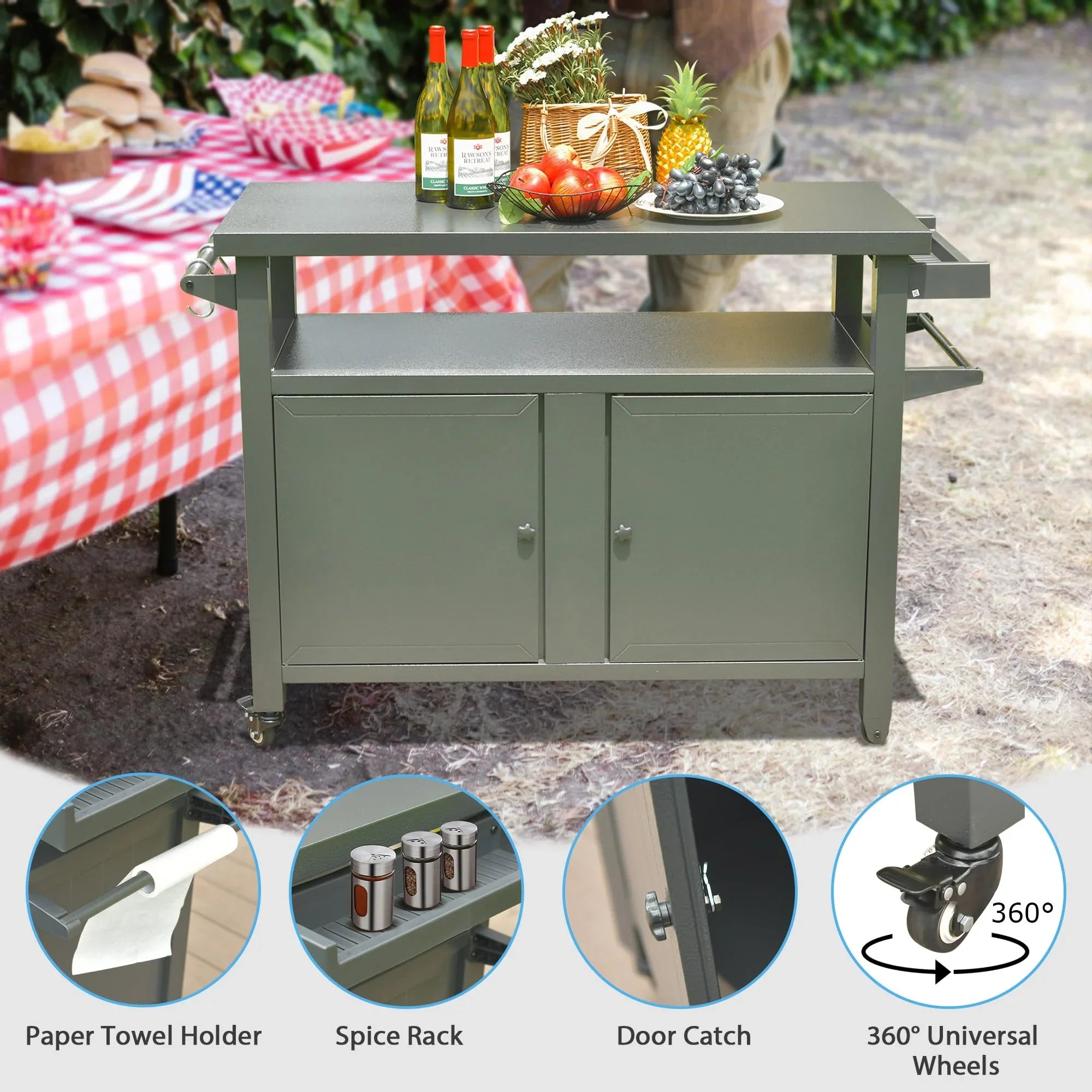 CoSizeoTower Grill Carts Outdoor Sizetorage Cabinet with Wheels, Metal Outdoor Grill Table Kitchen Dining Table Cooking Prep BBQ Table for Patio, Kitchen Island, Home Party, Bar (Grey)