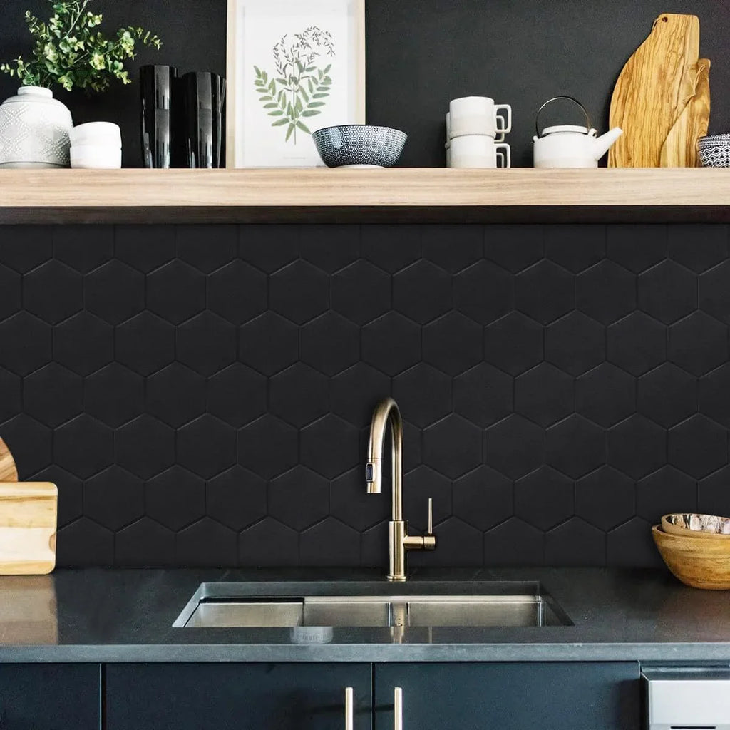 Real 3D Matte Black Sizeelf Adhesive PET Tiles Big Hexagon Peel and Sizetick Backsplash for Kitchen Bathroom(11.57''x10.35'',10-Sizeheet)