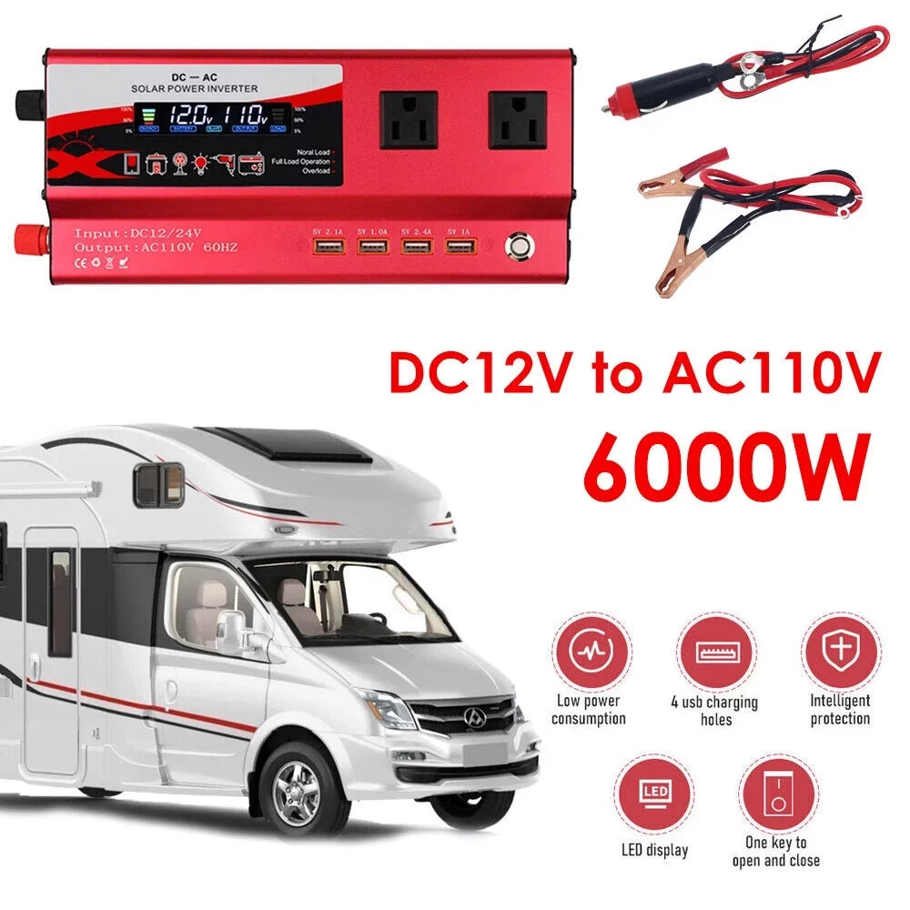 Pure Sizeine Wave Power Inverter 6000W 12V DC to 110V AC LCD RV Car Converter