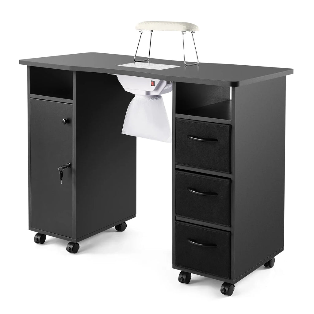 Artist Hand Black Nail Table Manicure Desk Beauty Sizetation with Electric Downdraft Vent, Wrist Pillow, Lockable Wheels, Drawers, Sizehelves