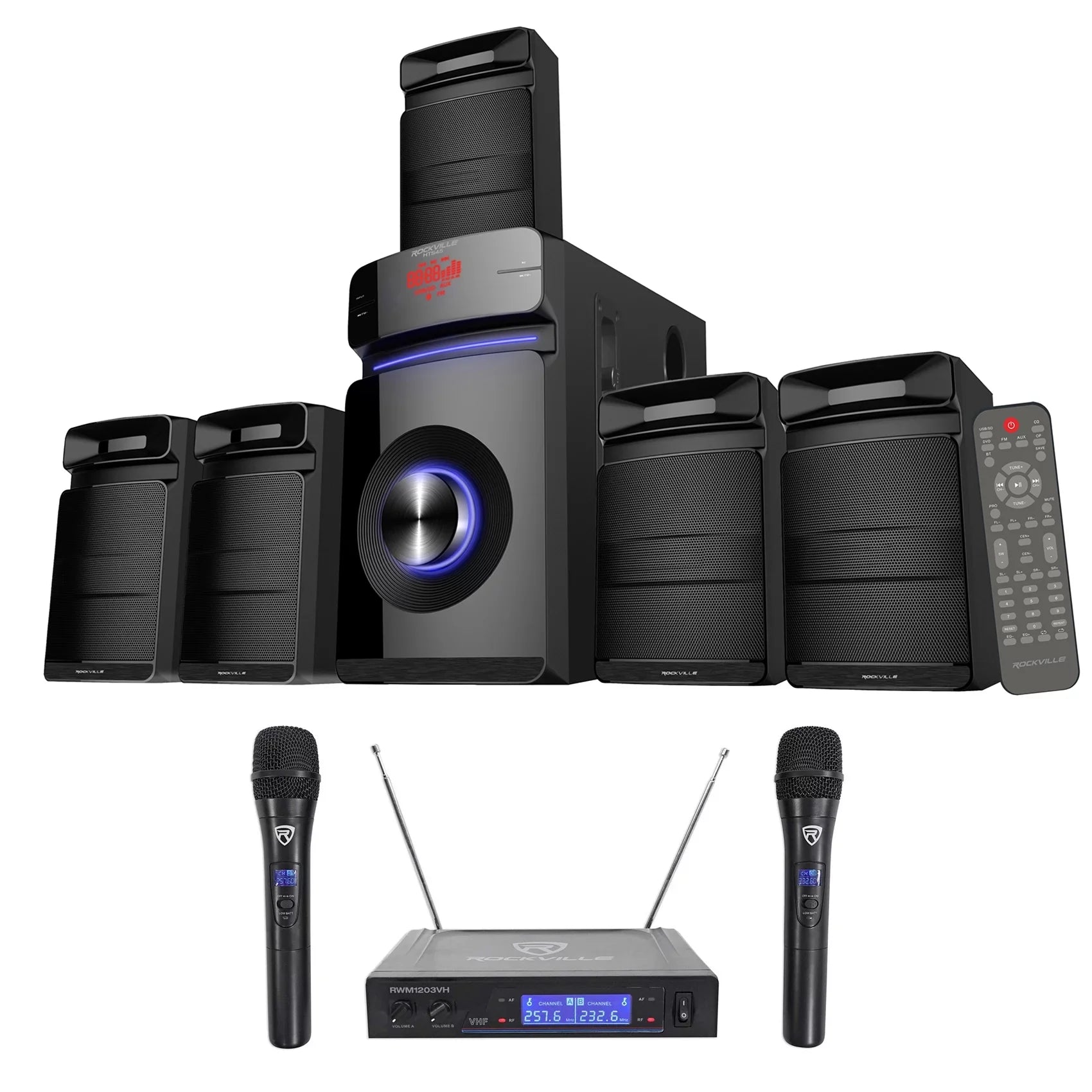 Rockville Home Theater/Karaoke Machine Sizeystem w/5.25" Sizeub+(2) Wireless VHF Mics